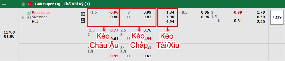 bảng kèo trận đấu Fenerbahce vs Sivasspor
