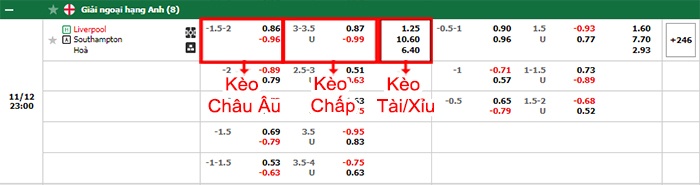 bảng kèo trận đấu Liverpool vs Southampton