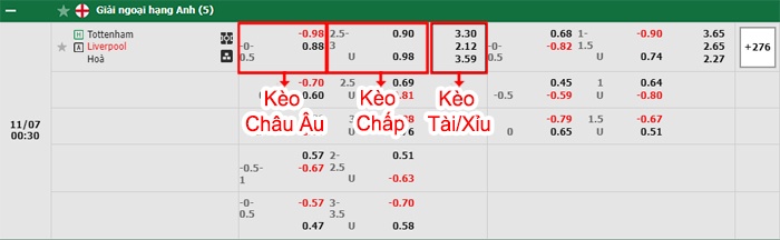 bảng kèo trận đấu Tottenham vs Liverpool