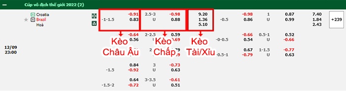 bảng kèo trận đấu Croatia vs Brazil