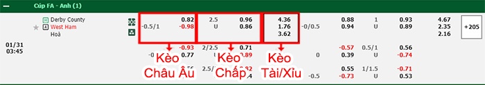 bảng kèo trận đấu Derby County vs West Ham