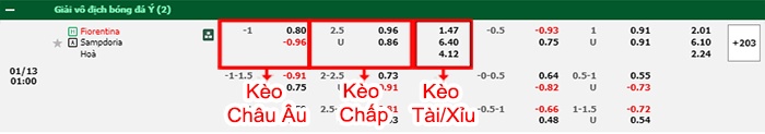 bảng kèo trận đấu Fiorentina vs Sampdoria
