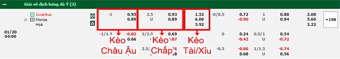 bảng kèo trận đấu Juventus vs Monza