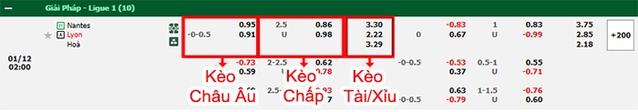 bảng kèo trận đấu Nantes vs Lyon