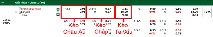 bảng kèo trận đấu PSG vs Angers