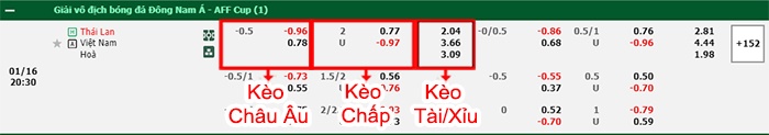 bảng kèo trận đấu Thái Lan vs Việt Nam