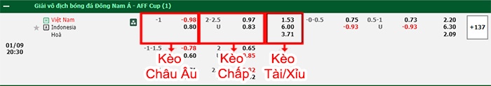 bảng kèo trận đấu Việt Nam vs Indonesia