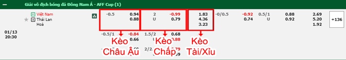 bảng kèo trận đấu Việt Nam vs Thái Lan