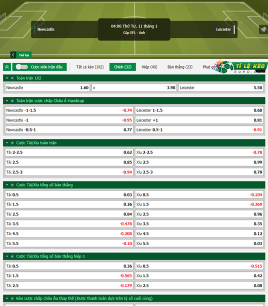 chi tiết kèo đấu Newcastle vs Leicester