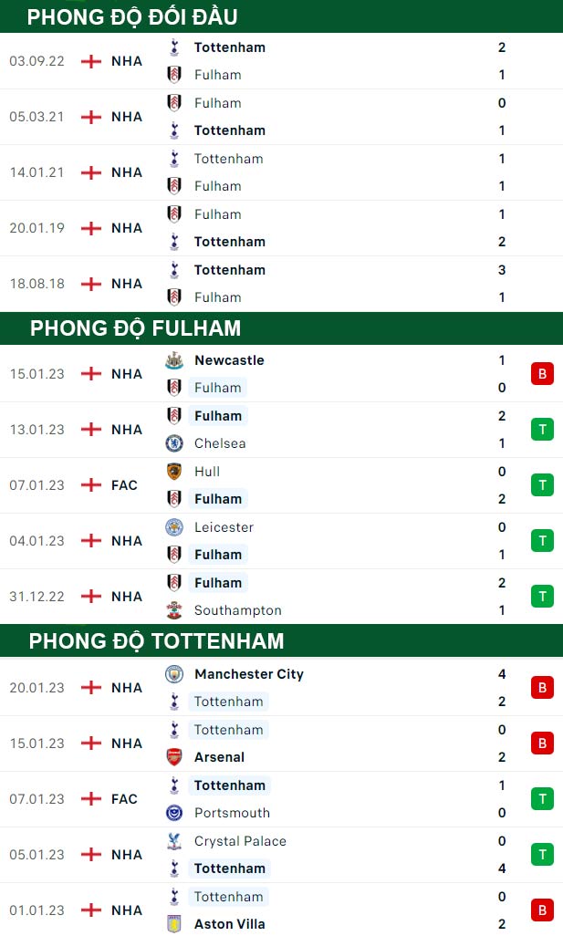 thông số đối đầu trận đấu Fulham vs Tottenham