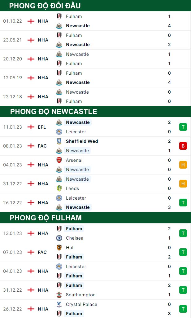 thông số đối đầu trận đấu Newcastle vs Fulham
