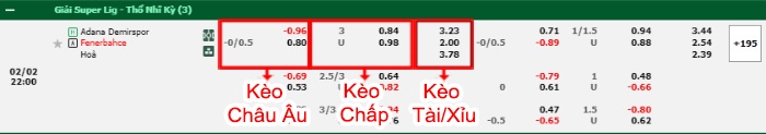 bảng kèo trận đấu Adana Demirspor vs Fenerbahce