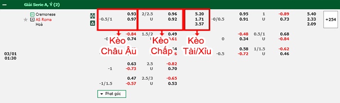 bảng kèo trận đấu Cremonese vs AS Roma