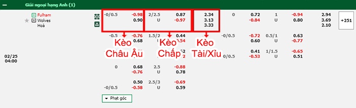 bảng kèo trận đấu Fulham vs Wolves