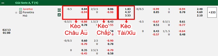 bảng kèo trận đấu Juventus vs Fiorentina