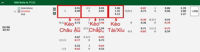 bảng kèo trận đấu Salernitana vs Juventus