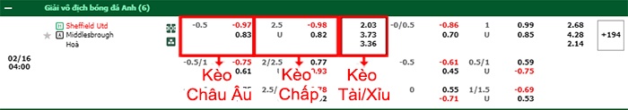 bảng kèo trận đấu Sheffield United vs Middlesbrough