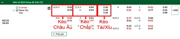 bảng kèo trận đấu Swansea vs Stoke City