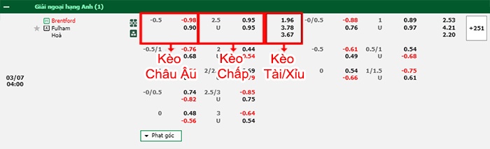 bảng kèo trận đấu Brentford vs Fulham