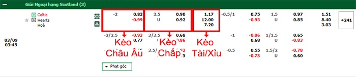 bảng kèo trận đấu Celtic vs Heart