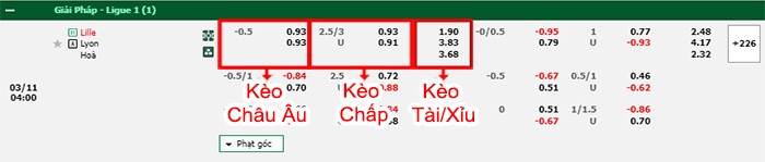 bảng kèo trận đấu Lille vs Lyon