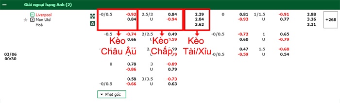 bảng kèo trận đấu Liverpool vs Man United