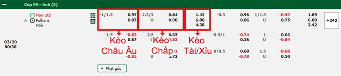 bảng kèo trận đấu Man United vs Fulham