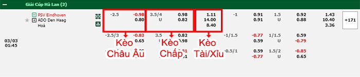 bảng kèo trận đấu PSV vs ADO Den Haag
