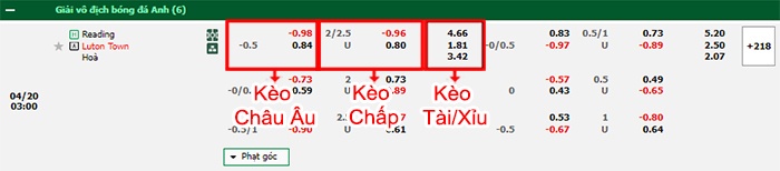 bảng kèo trận đấu Reading vs Luton Town