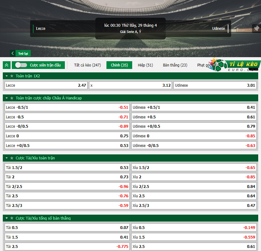 chi tiết kèo đấu Lecce vs Udinese