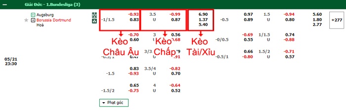 bảng kèo trận đấu Augsburg vs Dortmund