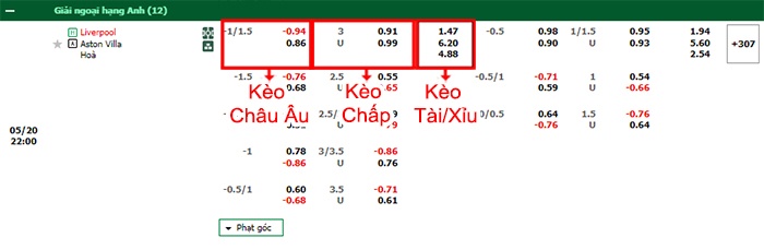 bảng kèo trận đấu Liverpool vs Aston Villa