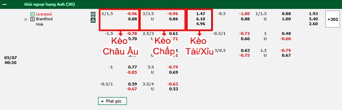 bảng kèo trận đấu Liverpool vs Brentford