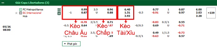 bảng kèo trận đấu Metropolitanos vs Internacional