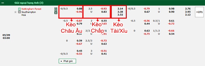 bảng kèo trận đấu Nottingham vs Southampton