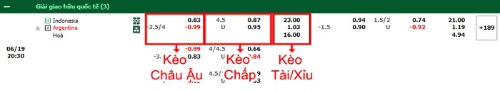 bảng kèo trận đấu Indonesia vs Argentina