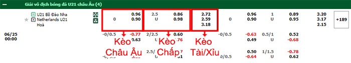 bảng kèo trận đấu U21 Bồ Đào Nha vs U21 Hà Lan