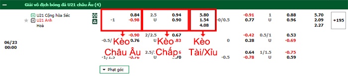 bảng kèo trận đấu U21 Séc vs U21 Anh