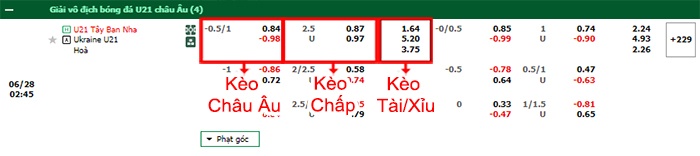 bảng kèo trận đấu U21 Tây Ban Nha vs U21 Ukraine