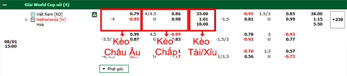 bảng kèo trận đấu Nữ Việt Nam vs Nữ Hà Lan
