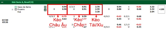 bảng kèo trận đấu Vasco da Gama vs Cruzeiro