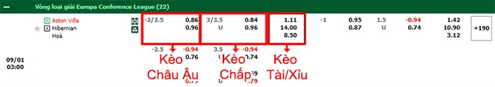 bảng kèo trận đấu Aston Villa vs Hibernian