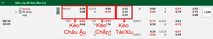 bảng kèo trận đấu Benfica vs Porto