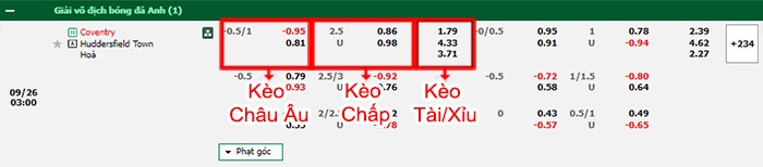 bảng kèo trận đấu Coventry vs Huddersfield