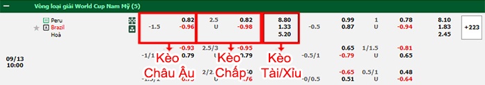 bảng kèo trận đấu Peru vs Brazil