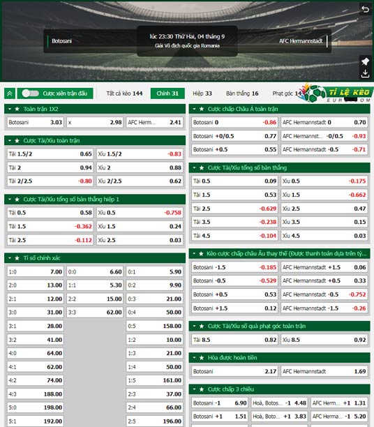 chi tiết kèo đấu Botosani vs Hermannstadt