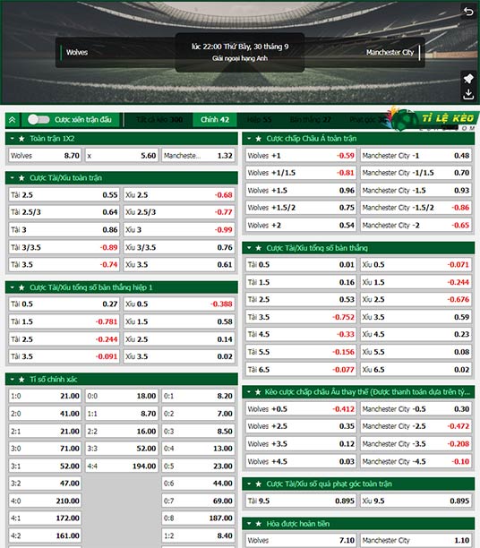 chi tiết kèo đấu Wolves vs Man City