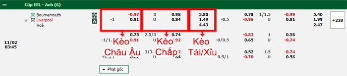 bảng kèo trận đấu Bournemouth vs Liverpool