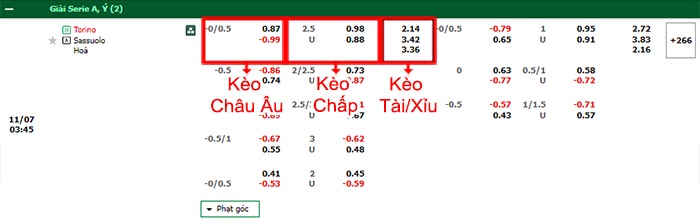 bảng kèo trận đấu Torino vs Sassuolo
