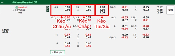 bảng kèo trận đấu Brentford vs Wolves